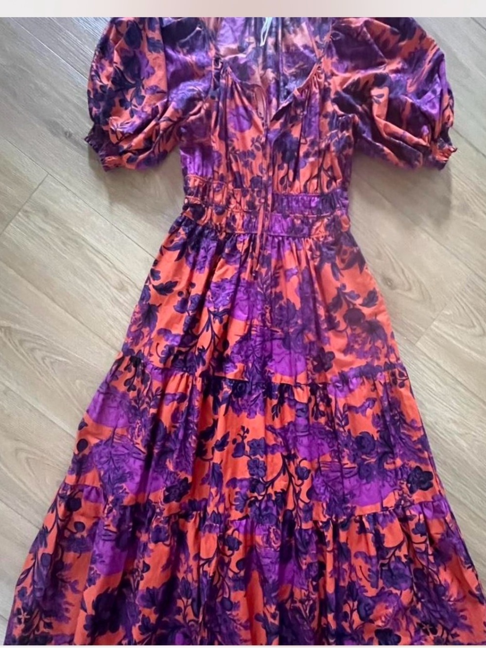 Anthropologie Maeve Floral Puff Sleeve Midi Dress Orange Purple Size Small - Picture 8 of 8